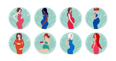 Vector pregnancy icon set. Different kinds of women holding their belly. Green leaves backgrounds. Pregnant woman holds her belly. Motherhood concept.