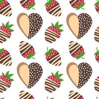 Strawberry and cookie. Doodle strawberry in chocolate and heart cookie background. Vector seamless pattern.