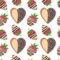 Strawberry and cookie. Doodle strawberry in chocolate and heart cookie background. Vector seamless pattern.