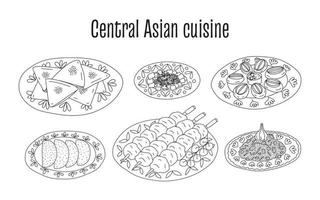 Vector central Asian food cuisine dishes set. Hand drawn plates with central Asian food samsa, besh barmak, shashlik, manti, qutab and pilaf set