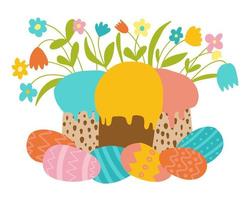 Easter greeting card. Happy Easter vector illustration. Cake with flowers and colored eggs.