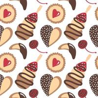 Tasty vector seamless pattern with different cookies. Sweet canapes, chocolate cookie, heart cookie, cherry in chocolate isolated. Vector seamless pattern with desserts.