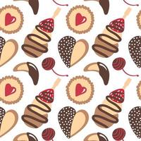 Tasty vector seamless pattern with different cookies. Sweet canapes, chocolate cookie, heart cookie, cherry in chocolate isolated. Vector seamless pattern with desserts.