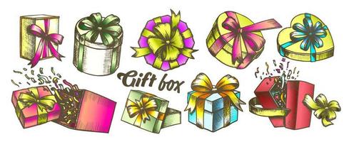 Gift Box With Ribbon Collection Color Set Vector