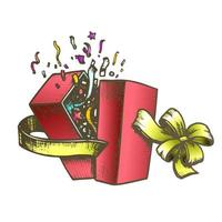 Gift Box Opened With Bow And Confetti Color Vector