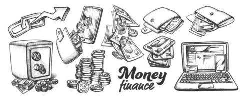 vector conjunto monocromo de colección de finanzas de dinero