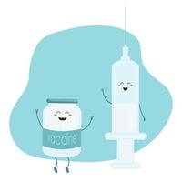 vaccine bottle and syringe icons with cute kawaii faces vector