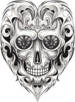 Art vintage heart mix skull. Hand drawing and make graphic vector. vector