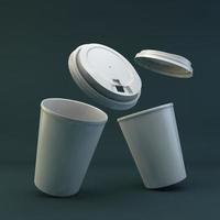 Set of realistic blank mock up paper cups with plastic lid. Coffee to go, take out mug. 3D render illustration. photo