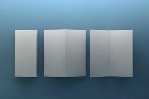 Bi fold or Vertical half fold brochure mock up isolated on soft gray background. 3D render illustration photo