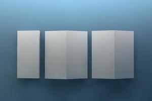 Bi fold or Vertical half fold brochure mock up isolated on soft gray background. 3D render illustration photo