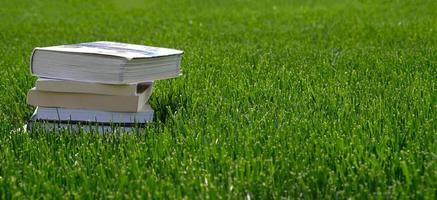 Stack of books in the green grass on the field on sunny day. Reading and knowledge concept. Banner with copy space for text. Back to school. Pile of vintage old hardback books. photo