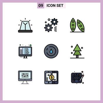 conjunto de pictogramas de 9 colores planos de línea rellena simple de la naturaleza programación cocina código html elementos de diseño vectorial editables vector