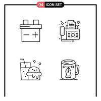 4 Universal Line Signs Symbols of battery coffee contact drink drawing Editable Vector Design Elements