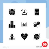 9 Universal Solid Glyph Signs Symbols of down line camera graph housing Editable Vector Design Elements