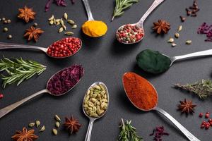 Variation of spices in metal spoons paprika, turmeric, cardamom, a mixture of allspice, thyme and rosemary photo