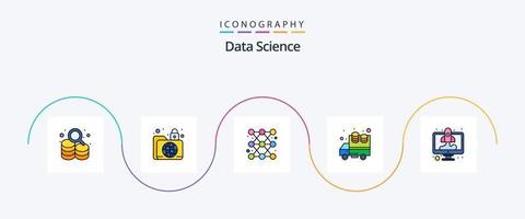 la línea de ciencia de datos llenó el paquete de iconos planos 5 que incluye la computadora. datos. seguro. grandes datos línea vector