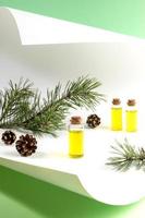 Essential pine oil in small glass bottles with branches and cones on curved sheet of white paper on green backdrop. photo