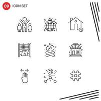 Group of 9 Outlines Signs and Symbols for fire camp buildings sport finish Editable Vector Design Elements