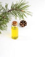 Natural essential pine oil in small glass bottle, pine branch and cone on white background. Vertical orientation. photo