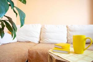 Comfortable light recreation area for relaxation with couch, house plants, yellow cup and notepads close up. photo