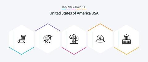 paquete de iconos de 25 líneas de estados unidos que incluye un punto de referencia. edificio. cactus. americano. sombrero vector