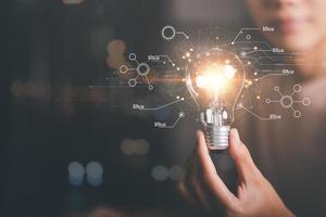 solution concept and demonstrating leadership strategies,that lead the business in a successful direction,with innovation and brain power from brainstorming,light bulb in human hand photo