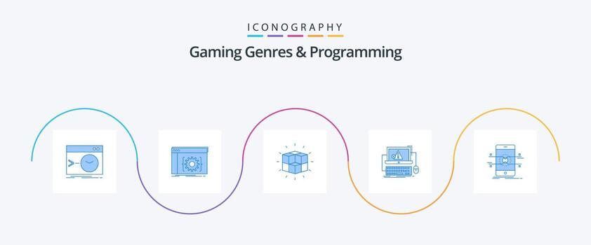 géneros de juegos y programación blue 5 icon pack incluyendo error. computadora. desarrollador. cubo. rompecabezas vector