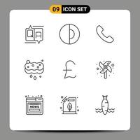 Set of 9 Vector Outlines on Grid for money pound sterling phone wash cleaning Editable Vector Design Elements