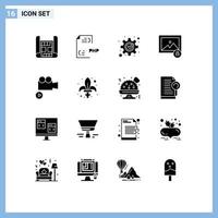 Pack of 16 Modern Solid Glyphs Signs and Symbols for Web Print Media such as video camera development photo image Editable Vector Design Elements