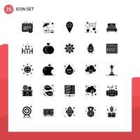 User Interface Pack of 25 Basic Solid Glyphs of heart bed geo party happiness Editable Vector Design Elements