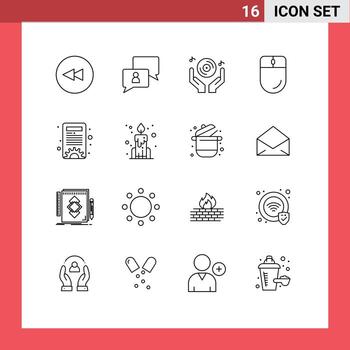 paquete de 16 signos y símbolos de contornos modernos para medios de impresión web como opciones mouse dj cursor electrónico elementos de diseño de vectores editables