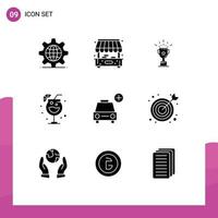 9 Universal Solid Glyph Signs Symbols of vehicles plus medal car party Editable Vector Design Elements