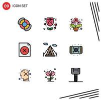 9 User Interface Filledline Flat Color Pack of modern Signs and Symbols of furniture carpet roses teepee beach tent Editable Vector Design Elements