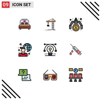 Mobile Interface Filledline Flat Color Set of 9 Pictograms of bulb laptop tower internet connectivity idea Editable Vector Design Elements