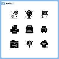 Mobile Interface Solid Glyph Set of 9 Pictograms of shop printer reflection print flag Editable Vector Design Elements