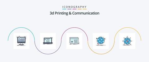 La línea de impresión y comunicación en 3d llenó un paquete de 5 íconos planos que incluye Internet. datos. sincronizar software. Procesando vector