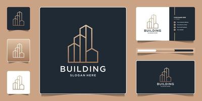 Building logo with unique line art style and business card template vector