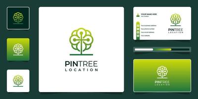 combine el diseño del logotipo de la ubicación del árbol y el pin con la tarjeta de visita vector