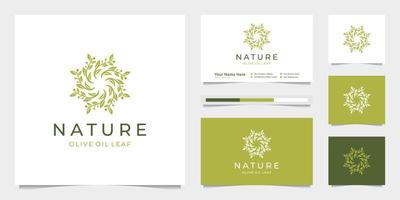 Elegant circle leaf tree branch olive oil logo design. Can be used for beauty salons, decorations, boutiques, spas, yoga, cosmetic and skin care products. premium business card vector