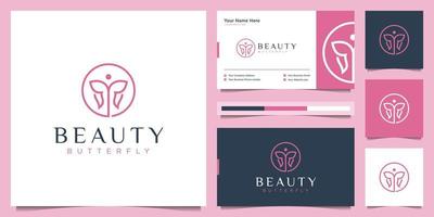 Beauty butterfly logo with line art style. feminine logo concept with infinity loop logo design and business card. vector