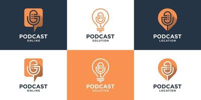 conjunto de podcast minimalista con estilo de arte lineal. diseño de logotipo de micrófono creativo listo para usar. vector