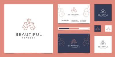 diseño de logotipo hermoso pavo real y plantilla de tarjeta de visita. Diseños minimalistas de línea de moda de lujo, joyería, salón, spa. vector