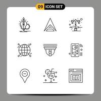 Set of 9 Commercial Outlines pack for camera globe crypto currency focus road light Editable Vector Design Elements