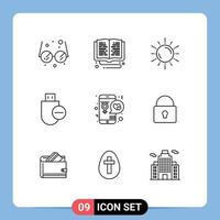 Group of 9 Modern Outlines Set for stick hardware sun devices weather Editable Vector Design Elements