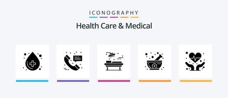 Health Care And Medical Glyph 5 Icon Pack Including heart care. natural. hospital. medicine. bowl. Creative Icons Design vector