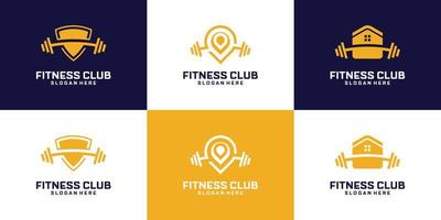 Set of abstract fitness gym logo design. Combined barbell, map location, shield and studio symbol. vector