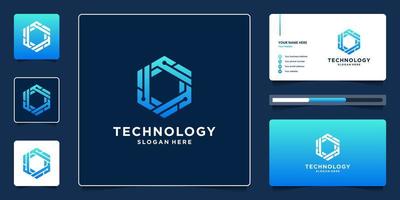 Abstract hexagon geometric technology logo design with dot and circuit symbol vector