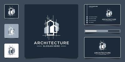 Building logo with unique line art style and business card vector