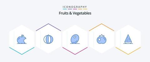Paquete de 25 iconos azules de frutas y verduras que incluye frutas. alimento. alimento. postre. tomate vector